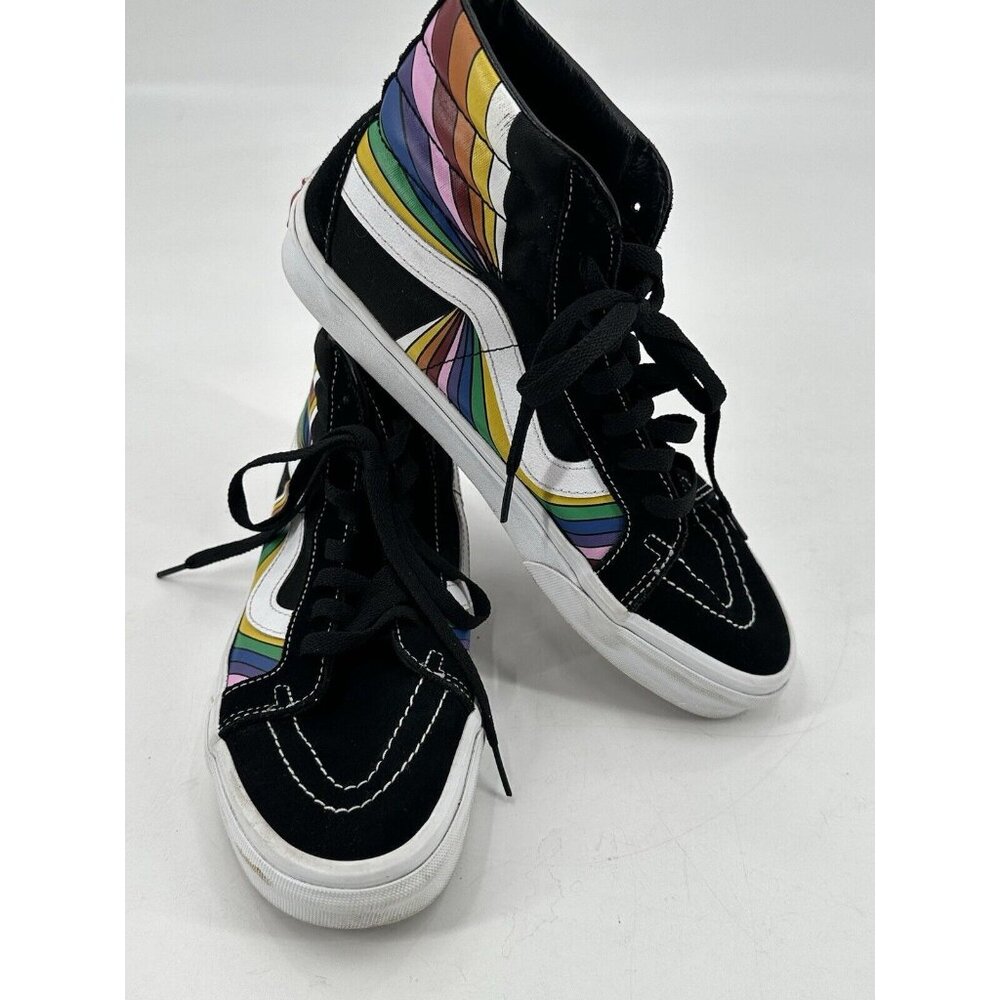 Vans Off the Wall Sk8-Hi Reissue Black Suede Rainbow Leather Sneakers M 8.5 W 10